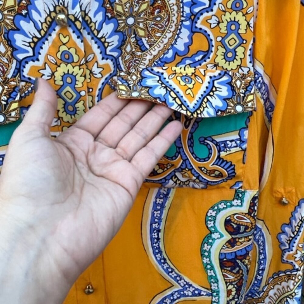 Hale Bob Women's Button Down 100% Silk Multi Color Yellow Blouse Paisley Print M - Picture 7 of 16